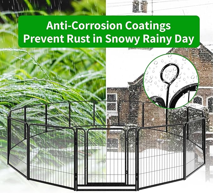 Dog Playpen Outdoor Extra Wide 16 Panels Heavy Duty Dog Fence 32" Height Anti-Rust with Doors Portable for RV Camping Yard, Total 42FT, 140 Sq.ft, Snowy Black-PawvioPets