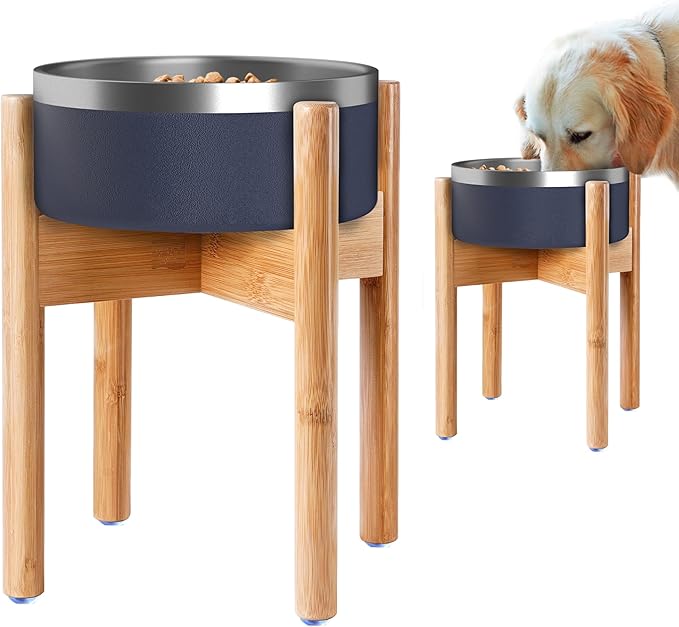 Dog Bowl Stand for Large Dogs - Raises Feeders and Bowls to 12-inch High, Expandable Sideways, Compatible to Various Sizes of Slow Feeders, Water Dishes and Fountains - Bamboo-PawvioPets