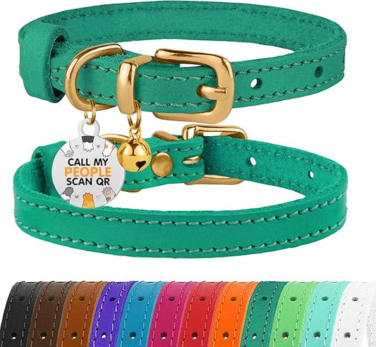 BRONZEDOG Leather Cat Collar with Removable Bells Non Breakaway Kitten QR Tag for Girl Boy (7" - 9" for Cats, Green & Gold)-PawvioPets