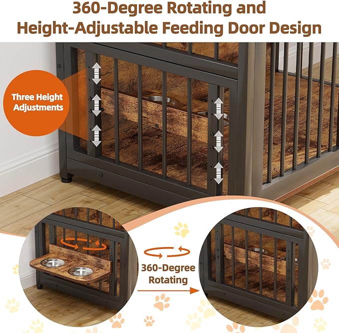 Furniture Style Dog Crate with Storage, 41 Inch Dog Crate Furniture with Double Doors, 2 Stainless Steel Bowls, Dog Crate Furniture-Style Crate for Large/Medium Dog-PawvioPets