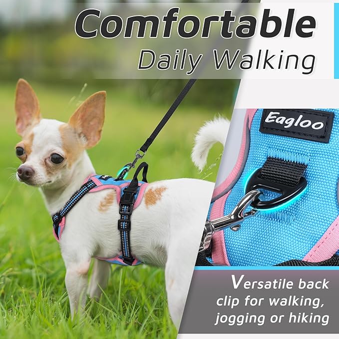 Eagloo Small Dog Harness No Pull, Service Vest with Reflective Strips and Control Handle, Adjustable and Comfortable for Walking, No Choke Pet Harness with 2 Metal Rings, Pink & Blue, XS-PawvioPets