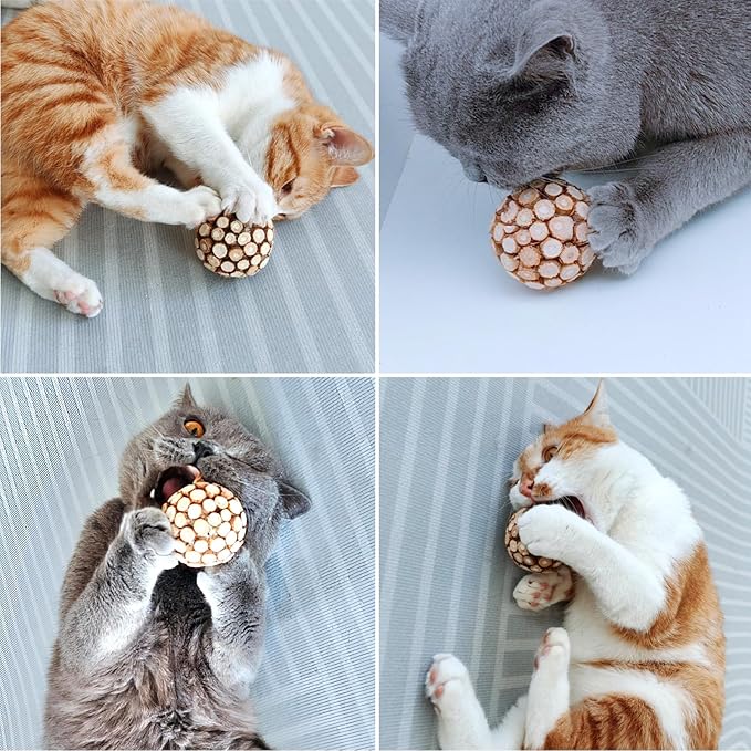 3PCS Cat Ball Toy,Silvervine Ball with Catnip Gall Fruit silvervine Sticks Powder Inside,Catnip Toys for Indoor Cats,Kitten Cleaning Teeth Cat Chew Toy-PawvioPets