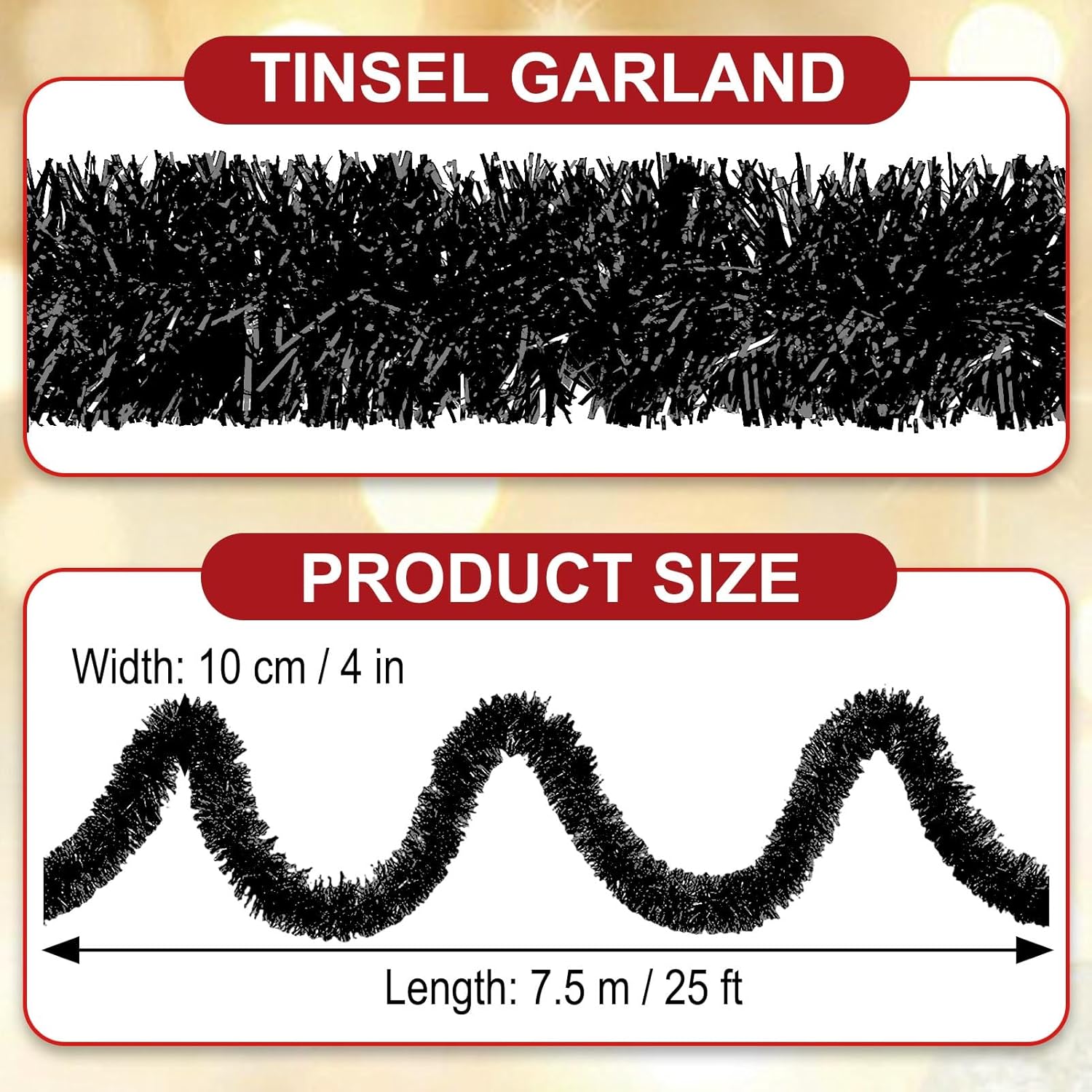 25 Feet Black Christmas Tinsel Garland, Metallic Foil Twist Garland Wall Hanging Tinsel Banner Backdrop for Parade Floats, Easter, Mother's Day, Birthday Party Decorations (4in x 25ft)