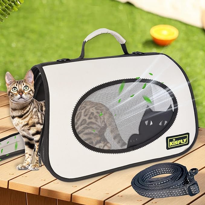 Cat Carrier Purses for Women, Airline Approved Pet Travel Bag for Cats, Kittens, Rabbits up to 10 lbs - Collapsible, Soft-Sided,16x10x10 in, Breathable Mesh with Kitty Pattern, Collar and Leash, Cream-PawvioPets