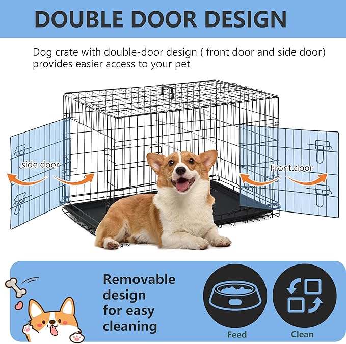 FDW 30 inch Dog Crate Dog Kennel Cage with Double Door Folding Metal Wire Dog Cage with Removable Tray&Divider Panel,Pet Crate for Medium Dogs,Black-PawvioPets