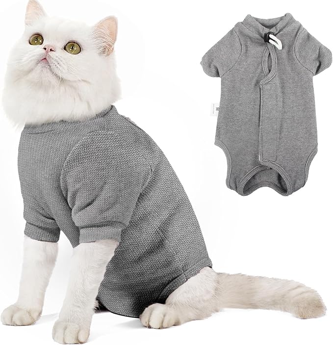 Dotoner Cat Surgery Recovery Suit for Female Male Anti-Licking Pet Surgical Pajamas Long Sleeve Prevent Shedding Cat Spay Recovery Suit&E Collar Alternative Bodysuit for Cats-PawvioPets