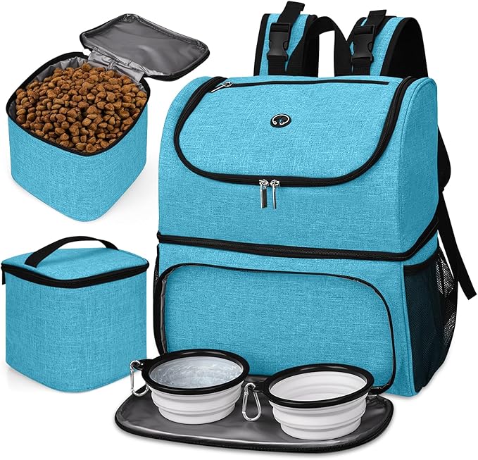 BAGLHER Pet Travel Bag, Double-Layer Pet Supplies Backpack (for All Pet Travel Supplies), Pet Travel Backpack with 2 Silicone Collapsible Bowls and 2 Food Baskets Sky Blue-PawvioPets