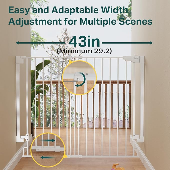 Cumbor 34" Extra Tall No Bottom Bar Baby Gate for Stairs, Auto Close Dog Gate Indoor for Larger Pets, 29.2-43" Hardware Mounted Safety Gate for Doorways, Wide Walk Thru Door for Easy Access (White)-PawvioPets