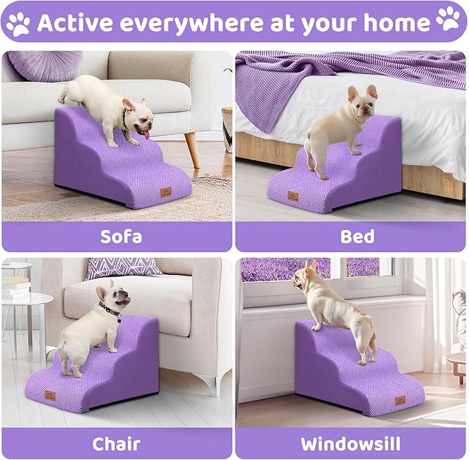 Dog Ramp and Stair for Bed 16" H-20 H,3-Step Cat Stair for Sofa and Chair,4-Step Dog Ramp for High Bed and Window,Durable Nonslip Fabric Stair for Indoor (Purple-16 H, Pet Friendly, 3)-PawvioPets