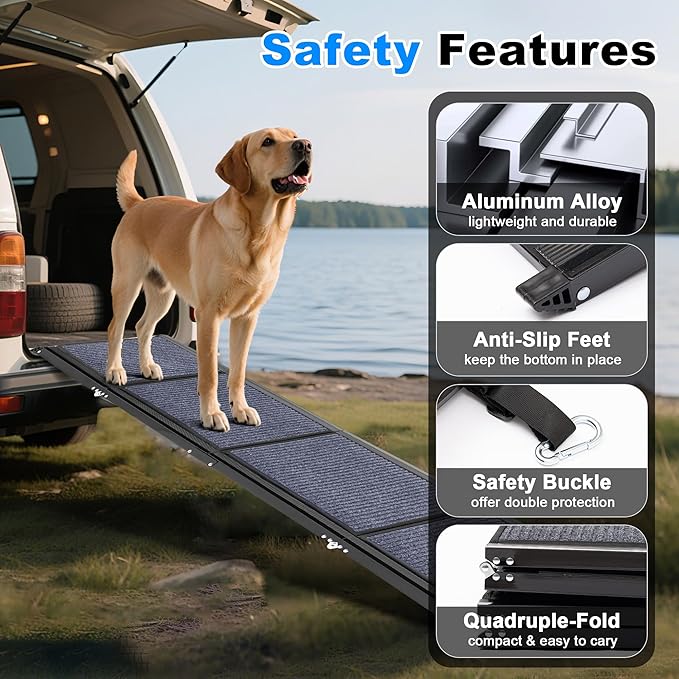 AQUILLA Dog Ramp for Car, 71" Extra Long Folding Dog Ramp, Anti-Slip Felt Surface, Lightweight Pet Ramps for Large Dogs, Portable Outdoor Dog Car Ramp for SUV, Truck, Up to 250LBS (71" L x 19.7" W)-PawvioPets