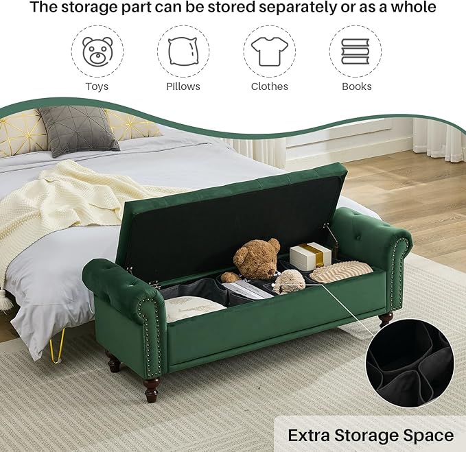 58.1'' Storage Bench Upholstered Velvet End of Bedroom Bed Bench Ottoman with Tufted Cushioned Rolled Arm Large Storage Space for Reading Living Room Entryway,Dark Green-PawvioPets