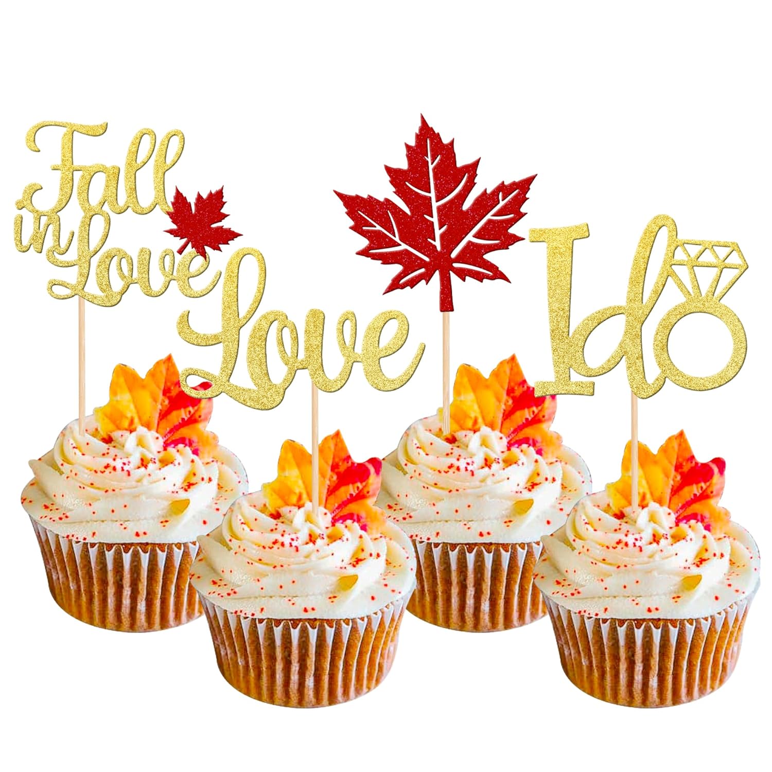 24 PCS Fall in Love Cupcake Toppers Glitter Maple Leaves Love I Do Cupcake Picks Fall Theme Wedding Cake Decorations for Bridal Shower Engagement Thanksgiving Birthday Party Supplies