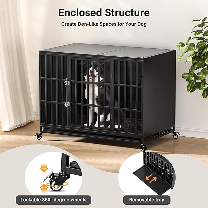 48 inch Heavy Duty Dog Crate with Self-Locking Latch, Indestructible Large Steel Kennel with Enclosed Design, Escape-Proof and Chew-Proof Pet Cage for High Anxiety Dogs-PawvioPets