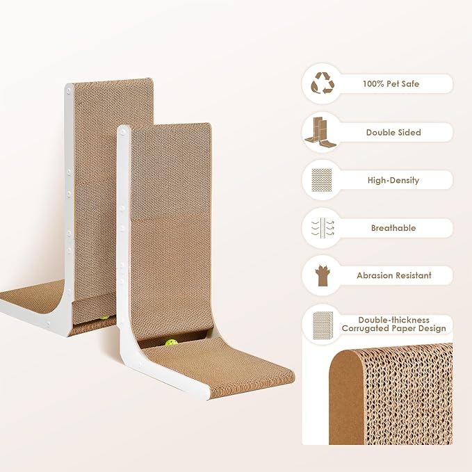 EHEYCIGA Cardboard Cat Scratcher for Indoor Cats, 26.8 Inch L Shaped Vertical Cat Scratching Board with Ball Cat Toy, Large Cat Scratcher Pad, White-PawvioPets