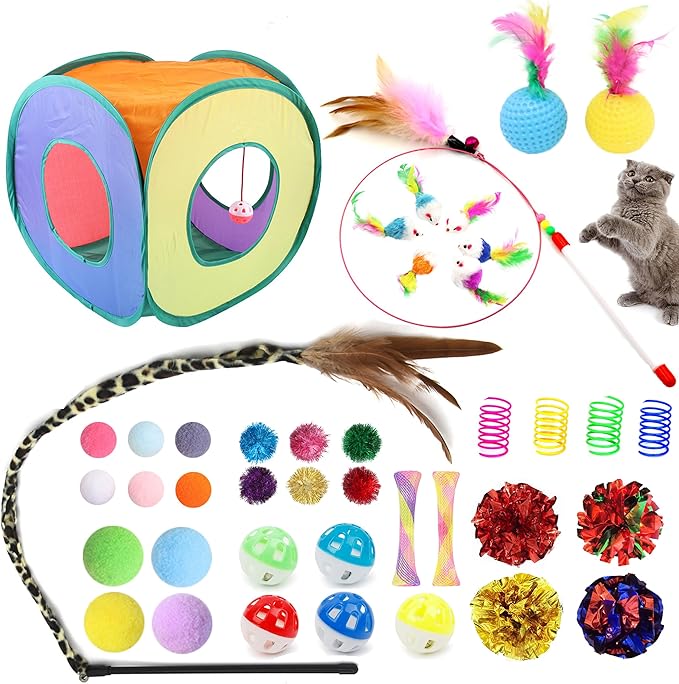 42pcs Interactive Cat Toys Kit - Multi-Activity Kitten Toy Set with Collapsible Tunnel, Feather Wand & Bell, Cat Balls Toys - Indoor Play Enrichment Supplies for Adult Cats & Kittens-PawvioPets
