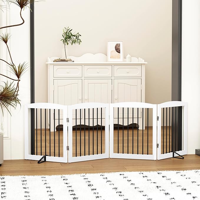 Freestanding Pet Gate for Dogs, Foldable Wooden Dog Gate for House, Indoor Dog Gate for Stair, Doorway, Gates for Dogs Indoor, 80 Inch Wide, 4 Panels 24",White-PawvioPets