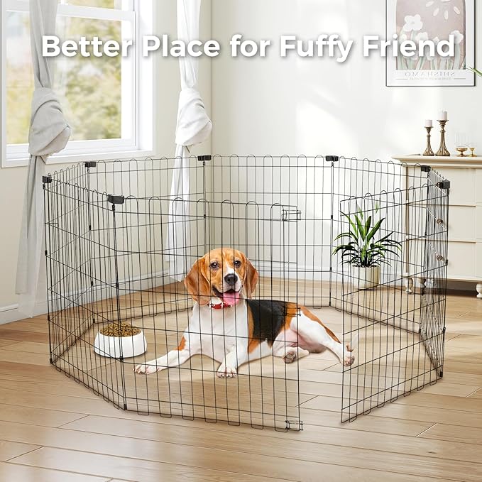 Foldable Dog Playpen 30" Height 8 Panels Metal Exercise Pen No Door - Indoor/Outdoor Puppy Playpen for Small Dogs, Portable Pet Fence for Yard Garden Camping, Black-PawvioPets