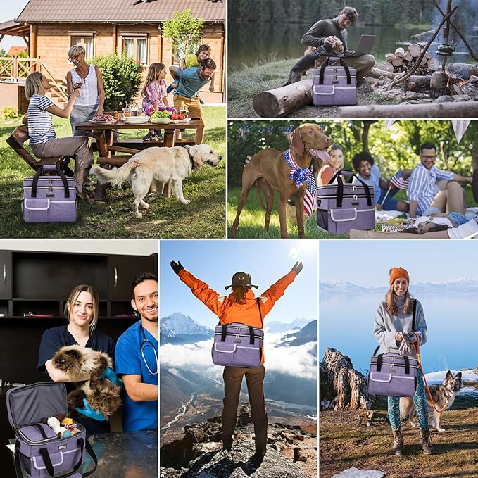 BAGLHER Dog Travel Bag for Supplies - Double-Layer Airline Approved Weekend Pet Travel Organizer Set for Dog and Cat Tote with 2 Pet Food Containers and 2 Collapsible Silicone Bowls Purple-PawvioPets