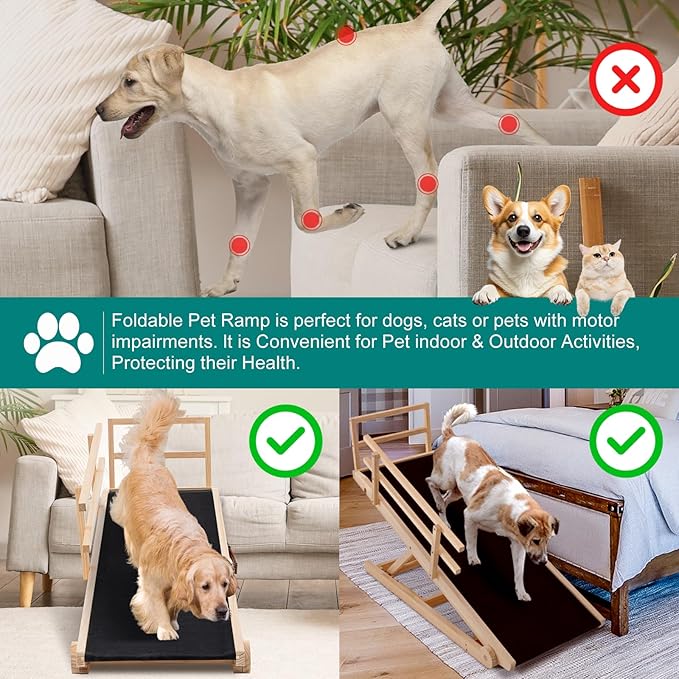 Dog Ramp for Bed, Adjustable Pet Ramps for Dog to Get on Bed, Non-Slip Rubber Surface - Folding Wooden Dog Ramp for Small/Large/Old Dogs, Adjustable up to 27.5 inch High Beds, Safety Railings-PawvioPets