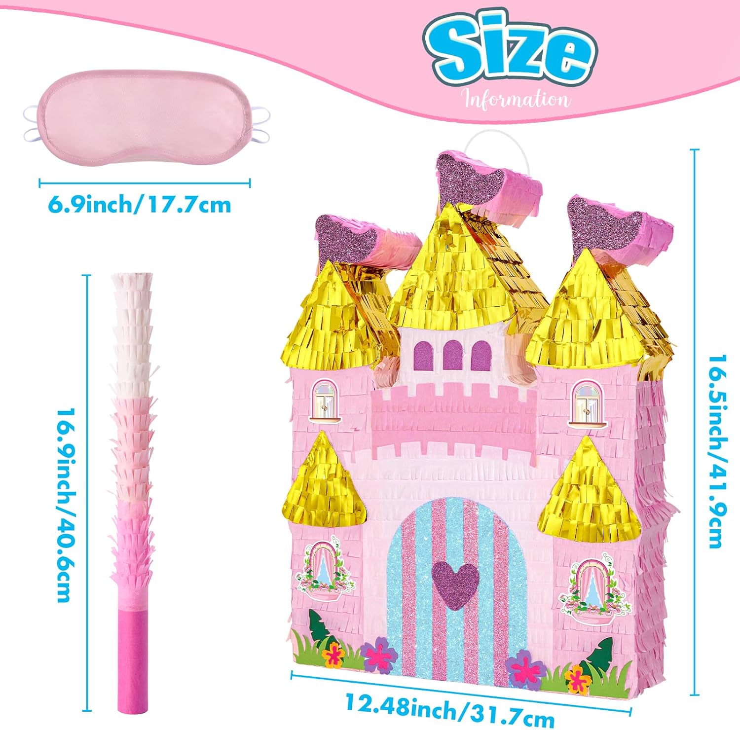 WERNNSAI Princess Castle Piñata - Princess Birthday Party Decorations Pink Princess Piñata with Blindfold and Bat for Birthday Girls Family Game Princess Theme Birthday Party Supplies 16.4” x 12.4”