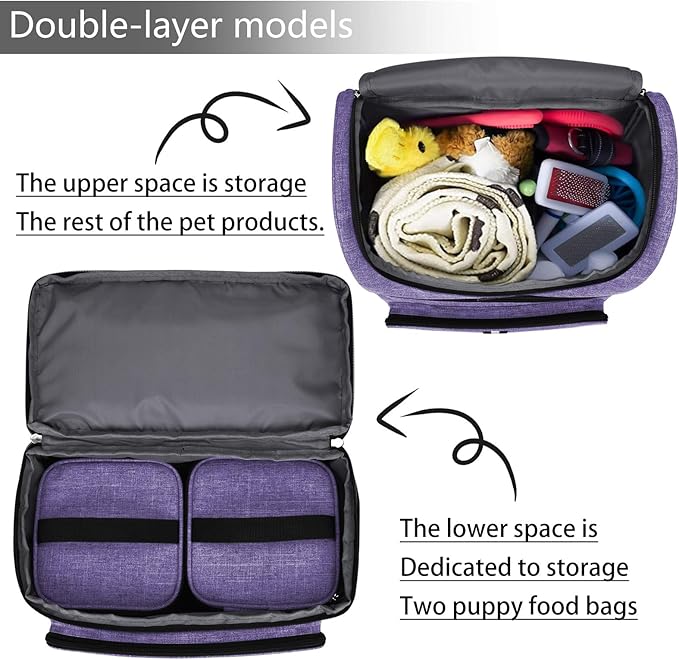 BAGLHER Pet Travel Bag, Double-Layer Pet Supplies Backpack (for All Pet Travel Supplies), Pet Travel Backpack with 2 Silicone Collapsible Bowls and 2 Food Baskets Purple-PawvioPets