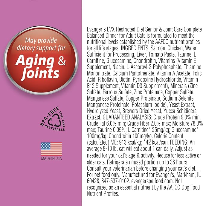 Evanger’s EVX Restricted Diet Senior and Joint Health Canned Cat Food – 24 Count, 5.5 oz Cans Each – Salmon with Taurine, L Carnitine, Glucosamine & Chondroitin – Grain Free Pâté Style-PawvioPets