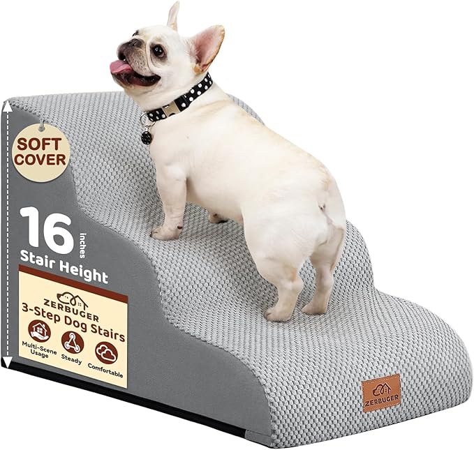 Dog Ramp and Stair for Bed 16" H-20 H,3-Step Cat Stair for Sofa and Chair,4-Step Dog Ramp for High Bed and Window,Durable Nonslip Fabric Cover for Indoor (Light Grey-16 H, Pet Friendly, 3)-PawvioPets