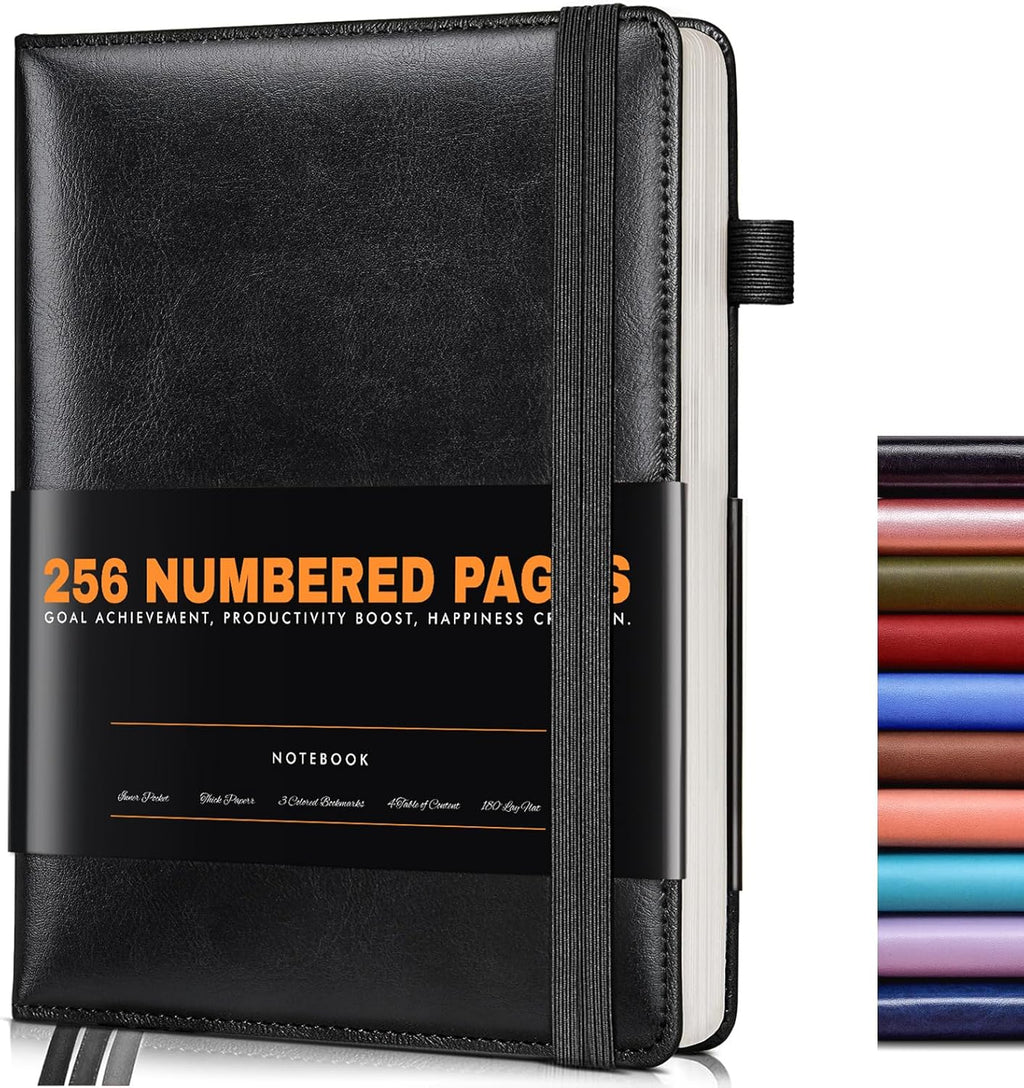 Lined Journal Notebook for Women Men, 256 Numbered Pages Hardcover Leather Journals for Writing, A5 Journaling Notebooks, College Ruled Journal for Business Work School Note Taking 5.75" x 8.38" Black
