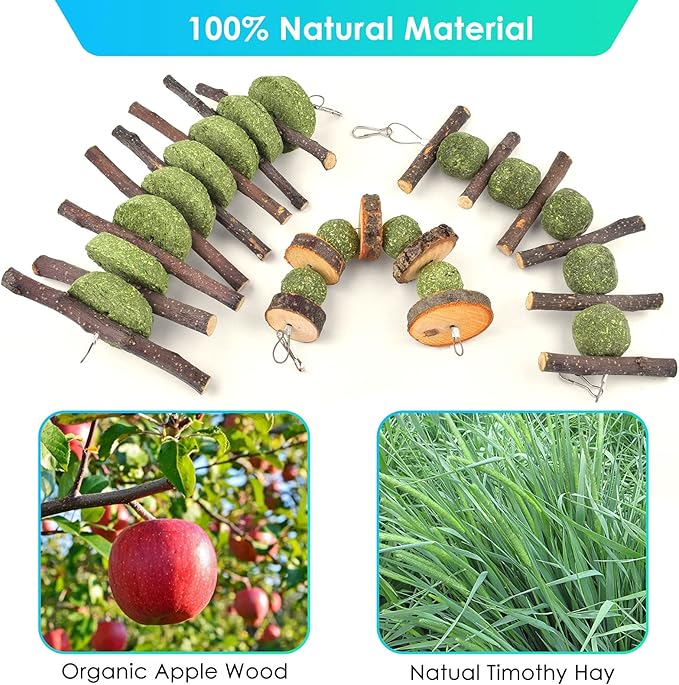 ERKOON Bunny Chew Toys, Rabbit Chew Toys for Teeth Grinding, Improve Dental Health, 100% Natural Apple Wood Timothy Grass Cake Treats for Rabbits Guinea Pigs Chinchillas Bunnies Hamsters (3 Pcs)-PawvioPets