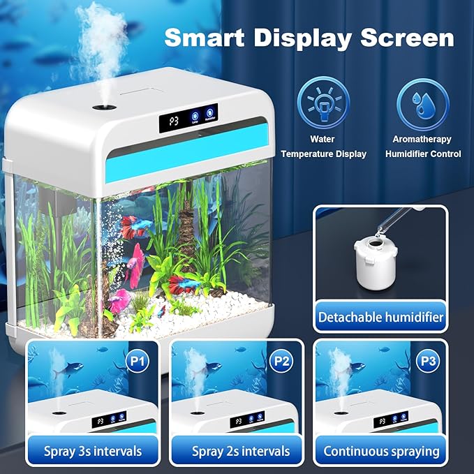 Fish Tank Aquarium 2.2 Gallon with 7 Color Auto-Looping Light, Fish Bowl with Humidifier 3 in 1 Pump - Filteration & Oxygenation & Circulation, Temperature Display, HD Float Glass, Thickened Base-PawvioPets