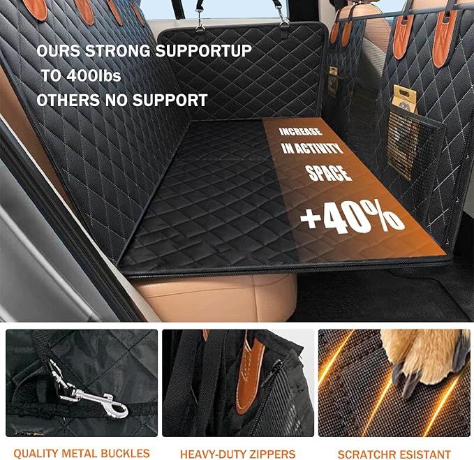 Back Seat Extender for Dogs Hard Bottom, Upgraded 7-Layer PU Leather Dog Car Seat Cover with Support 400lbs, Waterproof Dog Hammock Bed Backseat, Anti-Scratch Pet Seat Extender for Car, SUV, Truck-PawvioPets