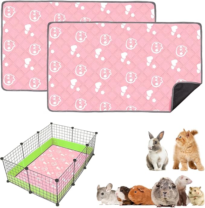 2 Pack Guinea Pig Bedding - Washable Guinea Pig Cage Liners, Waterproof Reusable & Anti Slip Pee Pads Super Absorbent Mats for Small Animals Pet Rabbit Bunny Hamster Rat (Pink, 42 x 28 Inch)-PawvioPets