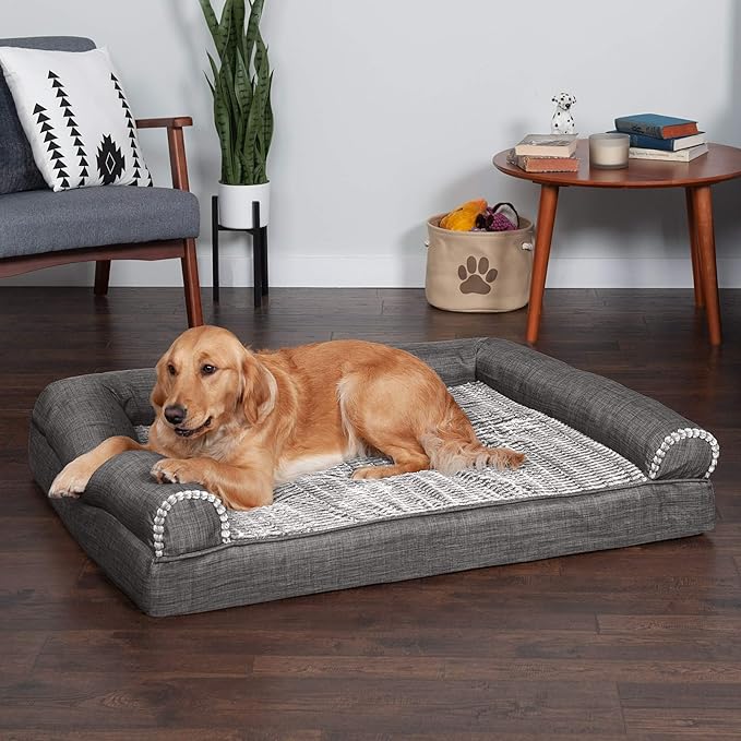 Furhaven Cooling Gel Dog Bed for Large Dogs w/ Removable Bolsters & Washable Cover, For Dogs Up to 95 lbs - Luxe Faux Fur & Performance Linen Sofa - Charcoal, Jumbo/XL-PawvioPets