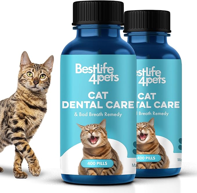 Cat Bad Breath & Oral Health Remedy, Natural Dental Care Cats Teeth, Mouth and Gums, Easy to Use Daily Supplement for Stomatitis, Gingivitis, Plaque & Tartar Control for Cats, 800 Small Pills-PawvioPets