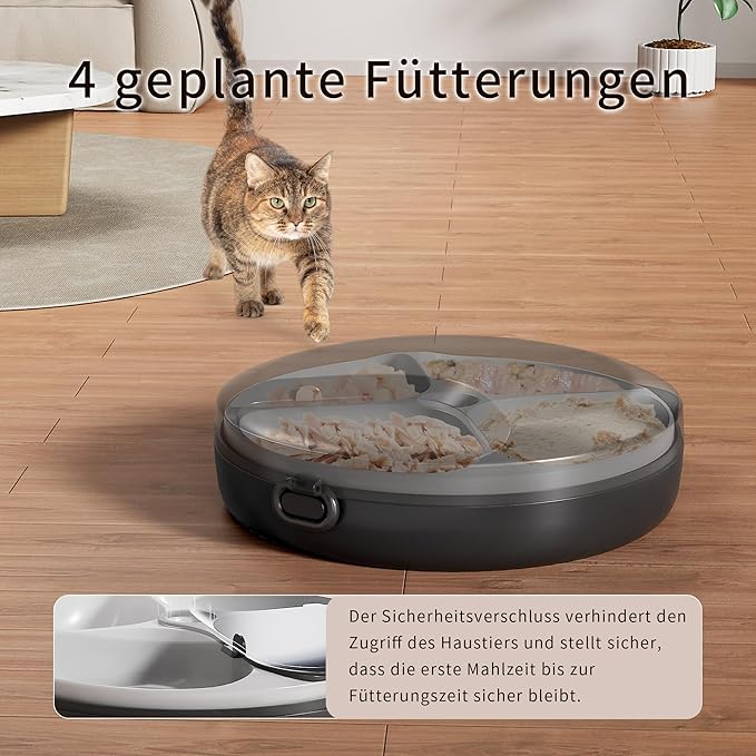 Automatic Cat Feeder Wet Food, Whisker-Friendly Automatic Cat Food Dispenser True 4-Meal Design with Locking Lid, Smart Timer Feeder for Wet Cat/Dog ，2-Ice Packs, Easy to Clean (Black)-PawvioPets