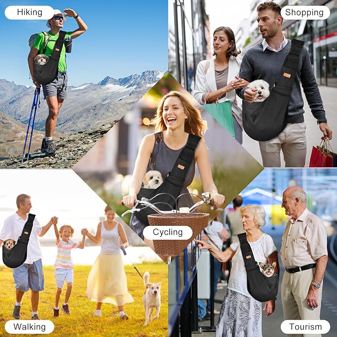 CUBY Dog and Cat Sling Carrier, Hand-Free Dog Carrier Slings with Adjustable Straps Pocker, Puppy Slings Carrier for Small Dogs Cats Outdoor Travel Bag(Black, M-Adjustable Strap)-PawvioPets