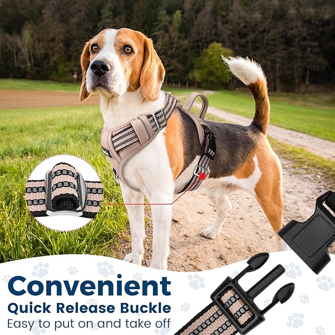Funfox Dog Harness No Pull, Adjustable Pet Vest Harness, Super Soft Material with Vertical Handle Easy Control, Reflective Night Walking, 2 Leash Clips for Large Dogs, Brown, L-PawvioPets