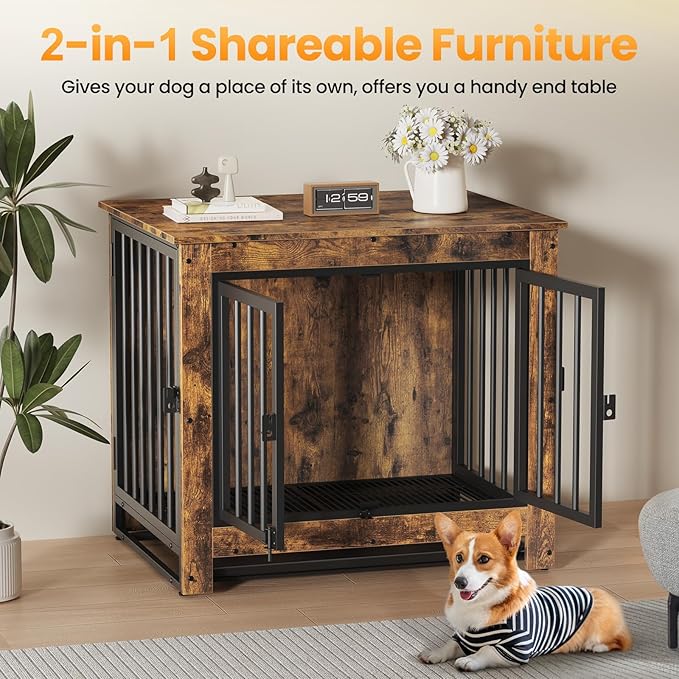 Dog Crate Furniture, Dog Crate End Table for Small and Medium Dogs,Wooden Cage Kennel Furniture Indoor, Modern Dog Crate with Multi-Purpose Removable Tray, Double-Doors Dog Furniture, Rustic Brown-PawvioPets