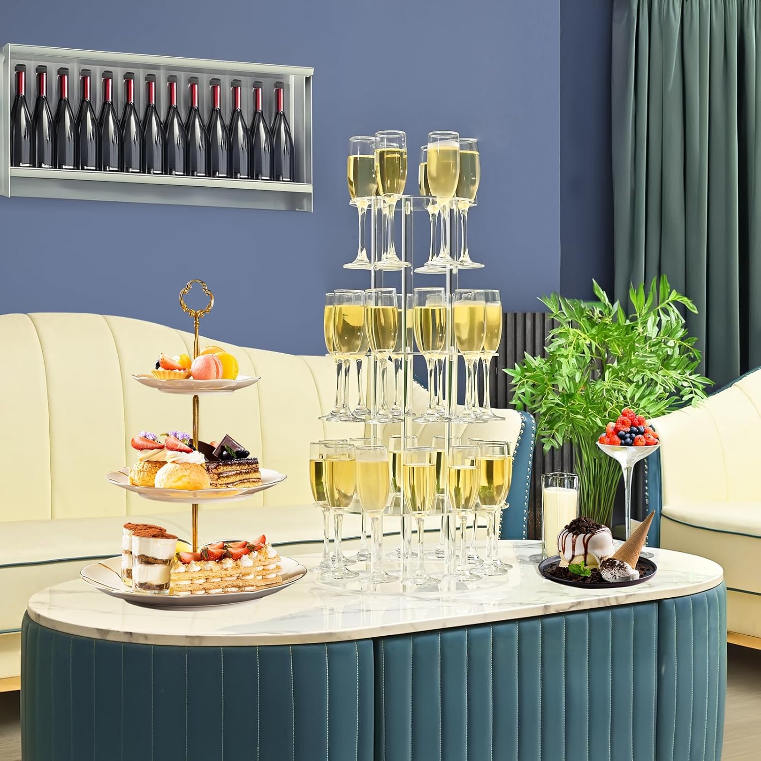 Champagne Tower, Circle Acrylic Champagne Display Rack Stand with 28 Slots, 3 Tier Floating Sight Champagne Flute Holder for Party, Wedding, School, Celebration, 13.4x13.4x25.5 inch