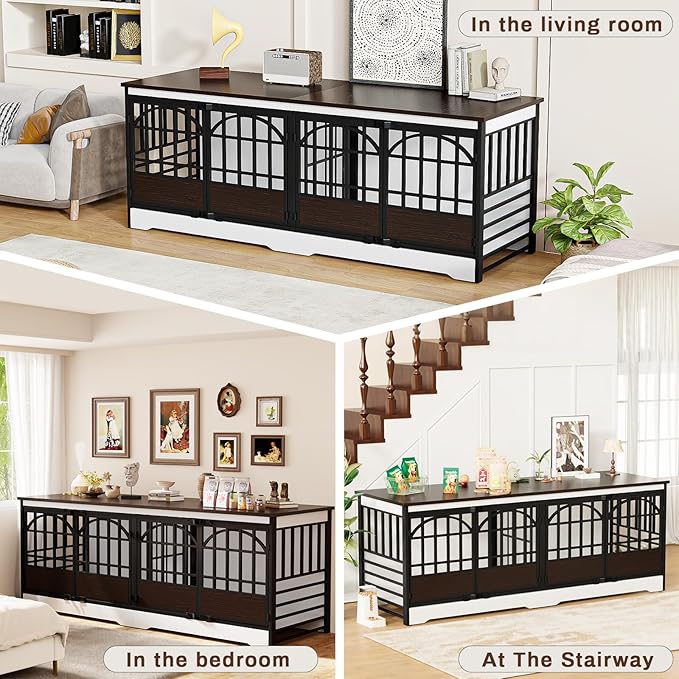 COZPAW 86 Inch Double Dog Crate Furniture for 2 Large Dogs, Decorative Dog Kennel Indoor TV Stand, Heavy Duty Wooden Dog Cage for Large Medium Dogs Sized Dog Pet House with Divider (White)-PawvioPets