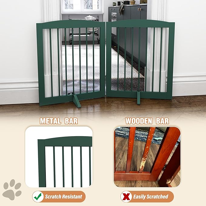 Freestanding Pet Gate for Dogs, Foldable Wooden Dog Gate for House, Stairs, Doorways, Step Over Pet Puppy Safety Fence,Support Feet Included,24" Height 2 Panels, Green-PawvioPets