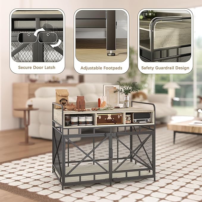 Dog Crate Furniture, 43" Heavy Duty Wooden Dog Crate End Table, XL Dog Kennel Furniture Large Breed, Decorative Dog Kennel Indoor with 3 Drawers & Steel Tubes 43" L x28 W x36 H (Grey)-PawvioPets