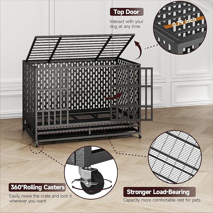 48/42 Inch Heavy Duty Indestructible Dog Crate Steel Escape Proof, Indoor Double Door High Anxiety Cage, Kennel with Wheels, Removable Tray, Extra Large XL XXL-PawvioPets