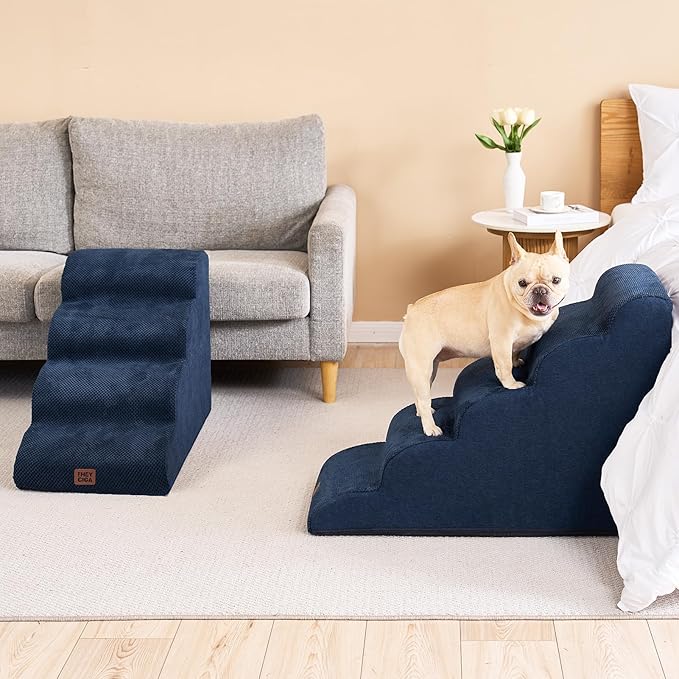 EHEYCIGA Curved Dog Stairs Ramp for High Beds 22.6" H, 5-Step Dog Steps for Small Dogs and Cats, Pet Stairs for High Bed Climbing, Non-Slip Balanced Pet Step Indoor, Navy-PawvioPets