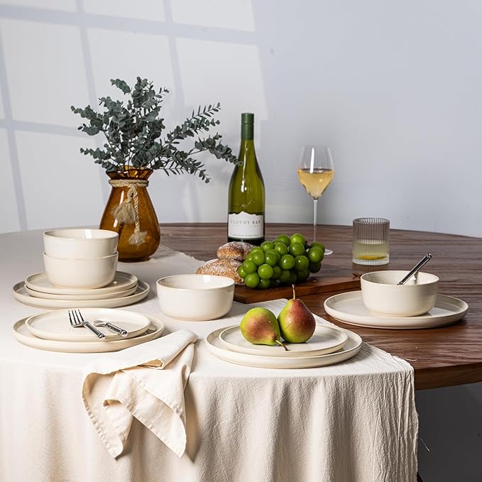 GBHOME Ceramic Dinnerware Sets for 4, 12 Pieces Stoneware Plates and Bowls Sets, Scratch Resistant Dishes, Dishwasher & Microwave Safe, Reactive Glaze-Vanilla color-PawvioPets