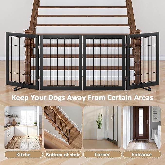Dog Gate Wire Dog Gates for House Doorways Stairs 24-Inch Freestanding Pet Gate Puppy Fences Indoor (4 Panel, Black)-PawvioPets
