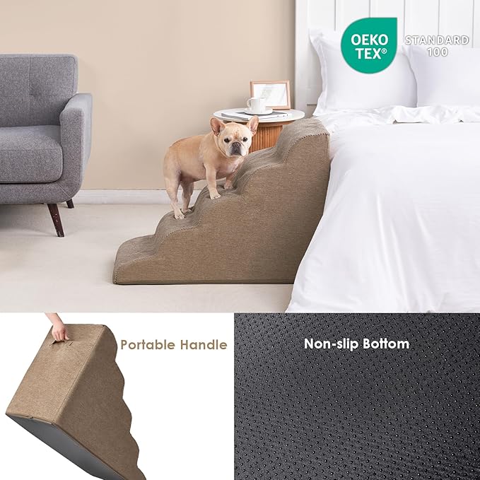 EHEYCIGA Curved Dog Stairs Ramp for High Beds, 5-Step Extra Wide Dog Steps for Small Dogs and Cats, Pet Stairs for High Bed Climbing, Non-Slip Balanced Pet Step Indoor, Camel-PawvioPets