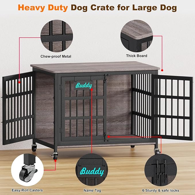 EasyCom 41"/33"/27" Dog Crate Furniture with Name Tag, Heavy Duty Dog Kennel Indoor for Medium Dogs, Double-Doors Sturdy Metal Dog Cage for Anxiety Dog, Decorate House as TV Stand, End Table-PawvioPets