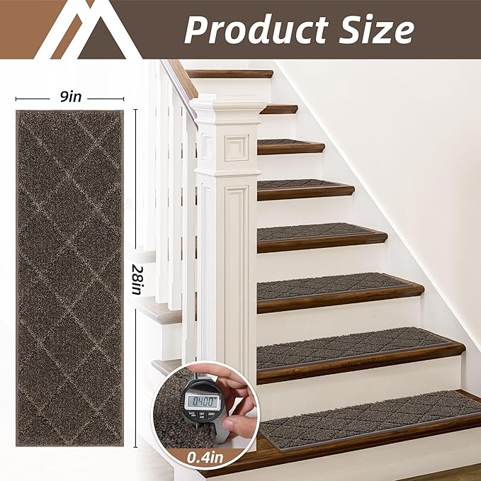 COSY HOMEER Edging Stair Treads Non-Slip Carpet Mat 28inX9in Indoor Stair Runners for Wooden Steps, Edging Stair Rugs for Kids and Dogs, 100% Polyester TPE Backing (10pc, Brown)-PawvioPets