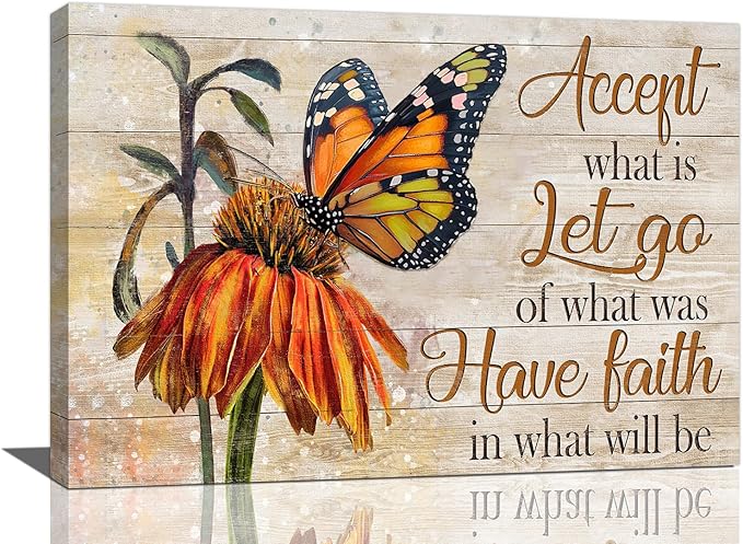 Farmhouse Butterfly Bathroom Pictures Wall Art, Rustic Floral Country Bathroom Wall Decor, Daisy Inspirational Framed Painting Canvas Artwork for Bedroom Living Room Decorations 24"L x 16"W-PawvioPets